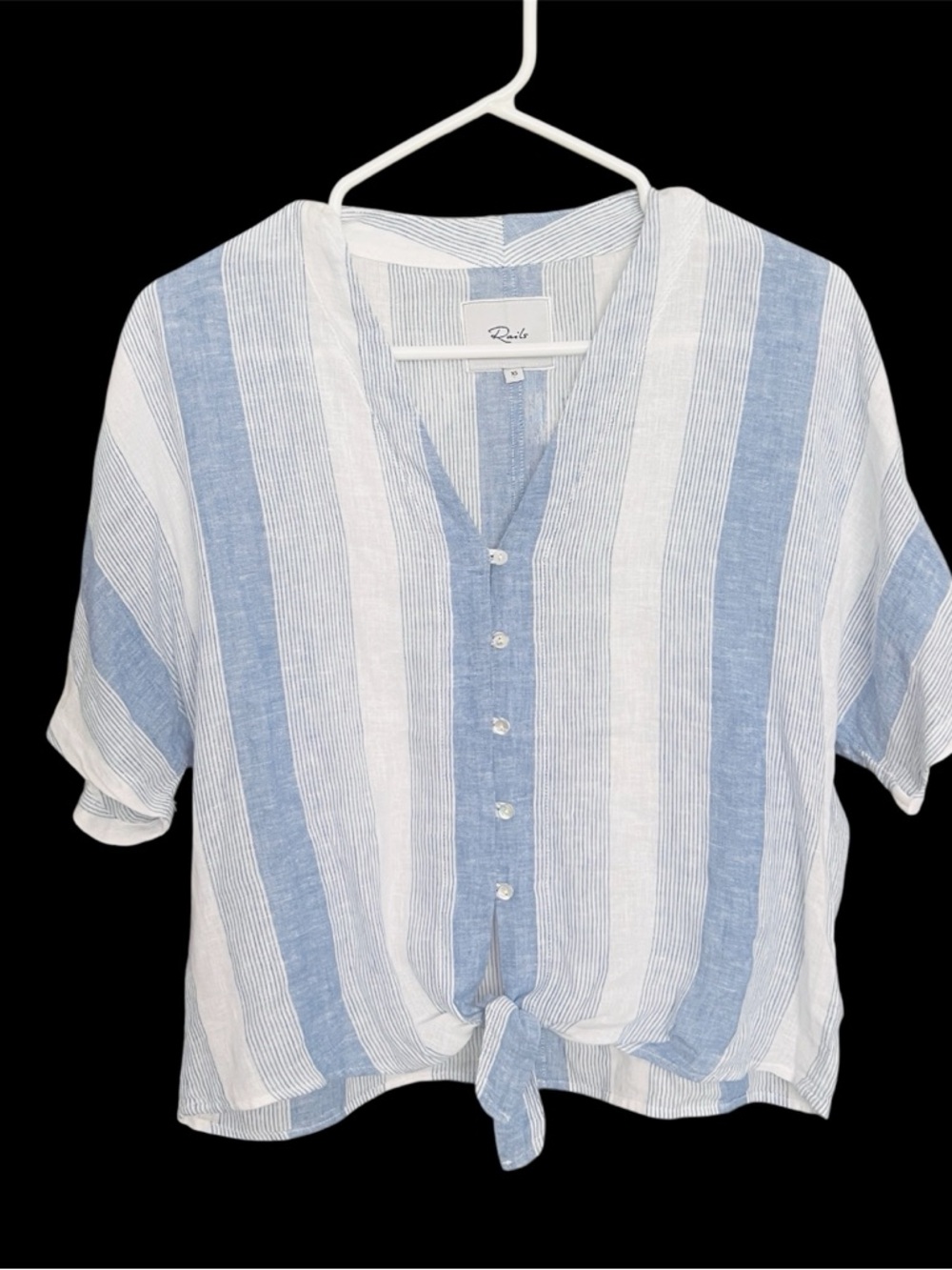 Rails Thea Tie Front Top SZ XS Blue/White Linen Blend Preppy Coastal Vacay - Picture 2 of 10